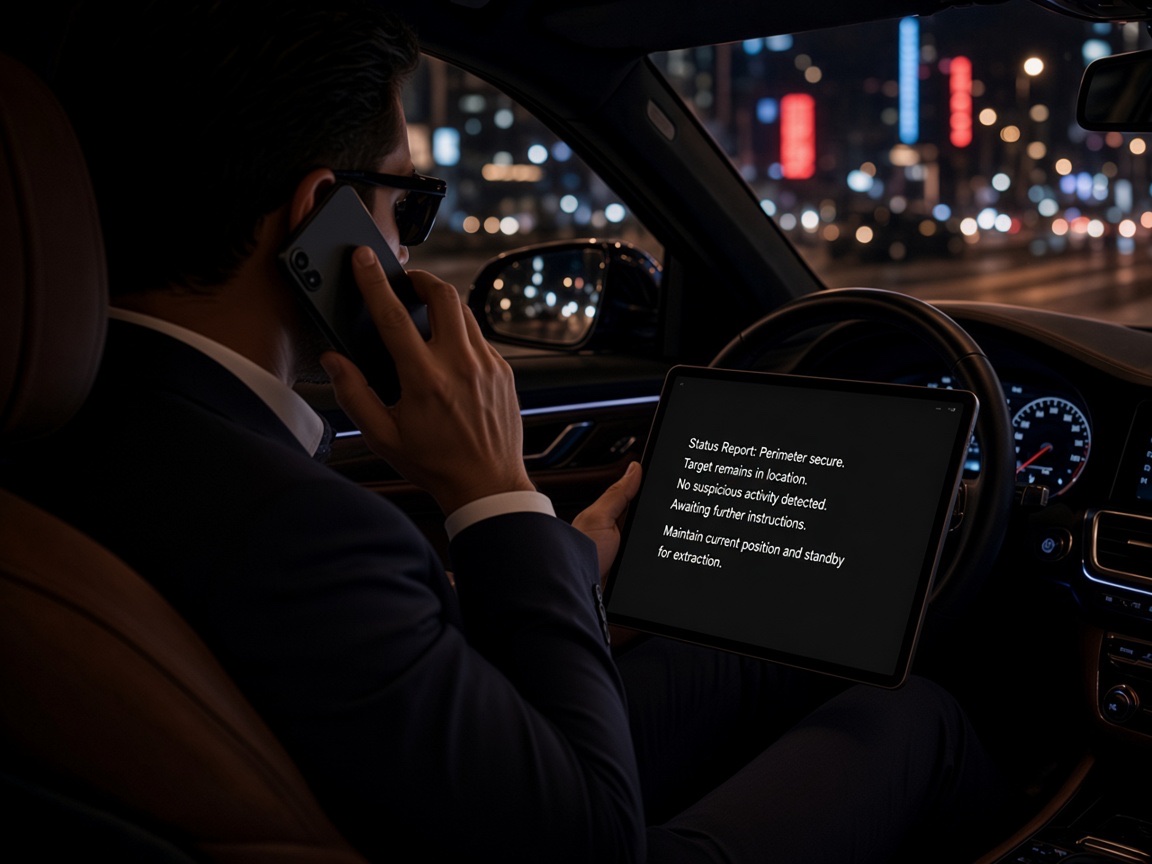 Close protection agent calling in a report from a vehicle